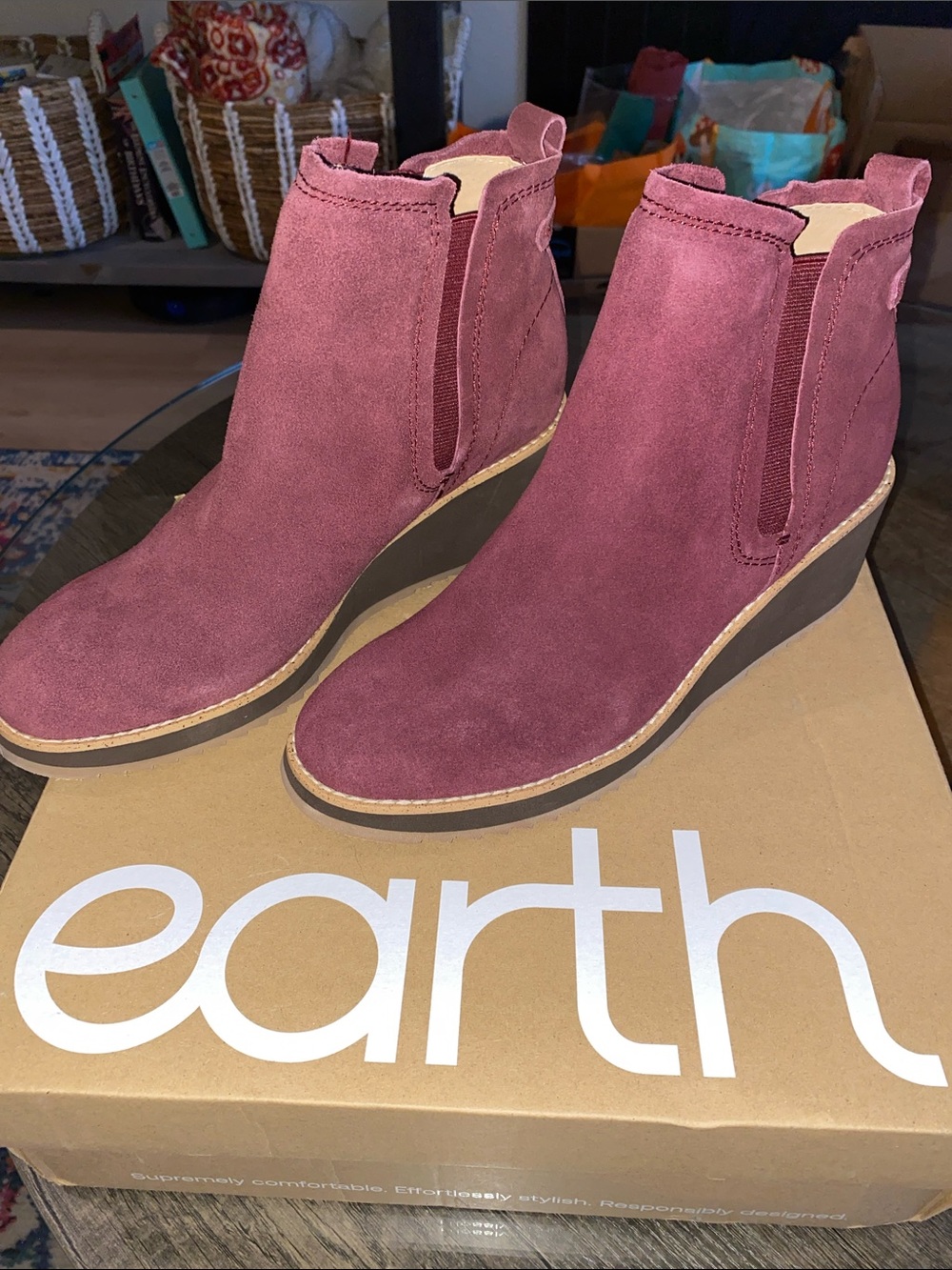Earth Origins Suede Wedge Booties in Wine